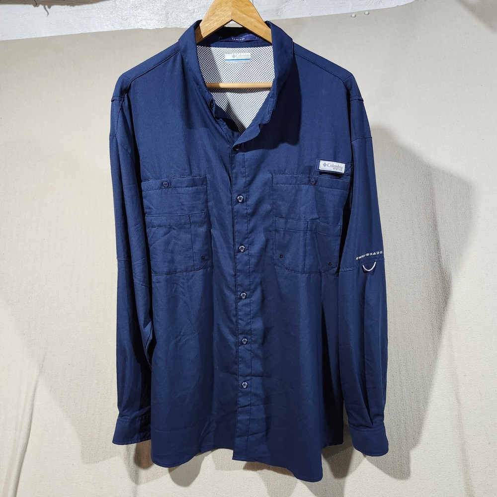 Columbia PFG Tamiami II Mens 2XL Navy Blue Long Sleeve Fishing Shirt UPF 40